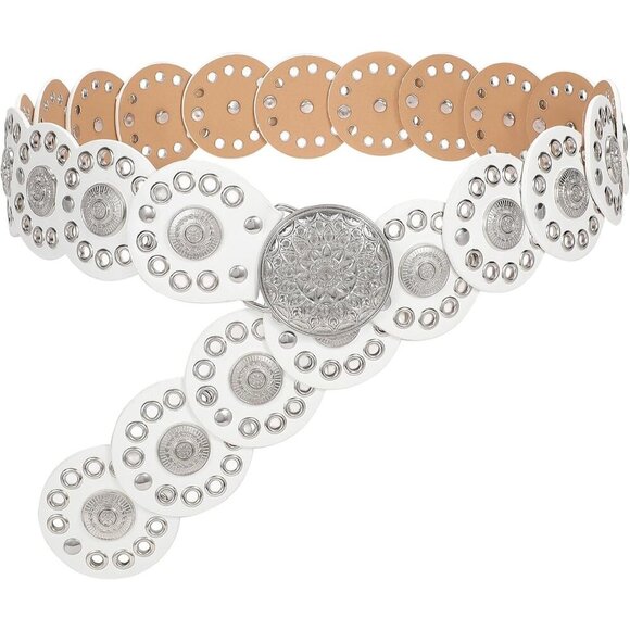 Women Vintage Disc Waist Concho Leather Belt Boho Waist Belt White Silver Buckle main image 4